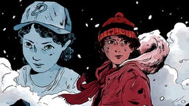 An image from the cover art of Clementine: Book One, which shows Clementine as a teenager in a snowy landscape, with a version of her younger self appearing behind her in the clouds.