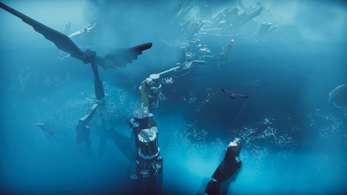 A viewpoint from the clouds, looking down on a sea with ruins poking out of it. It's bathed in blue fog, and somewhere, in amongst it all, you can see a giant Falcon with a rider on their back.