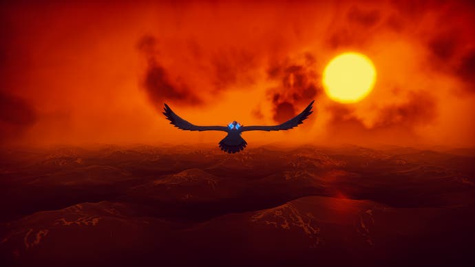 An intensely orange sunset above a sea, and silhouetted against it is the shape of a large flying falcon with a rider on their back.