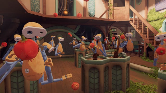 A screenshot from the VR game Clockwinder, with many identical little humanoid robots all doing different things in a small garden