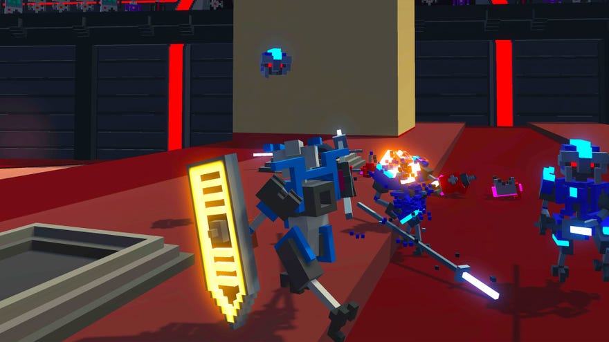 A screenshot of Clone Drone In The Danger Zone showing a voxel, blocky robot holding a shield, in a boxy arena, surrounded by other blocky robots, some of whom are crumbling in battle.