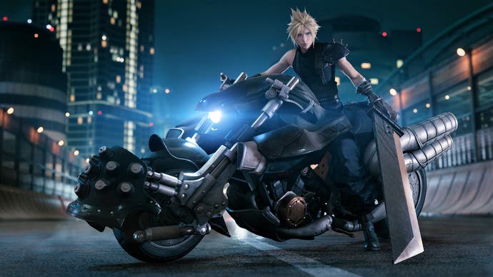 Final Fantasy 7 hero Cloud Strife on the back of a bulky motorbike, sword drawn - and scraping along the floor. He's not wearing a helmet and I don't know how advisable it is to drive with that sword. It's an accident waiting to happen.