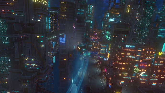 A flying HOVA car roaming the streets of Nivalis in Cloudpunk