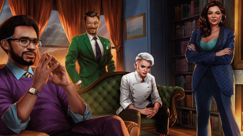 Four of the six player-controlled suspects in Cluedo, featuring new artwork and reimagined concepts.