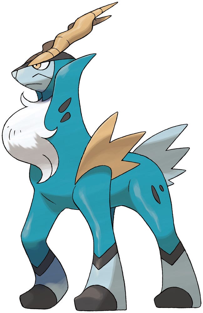 Das Kobalion in Pokémon, ein vierbeiniges Tier mit blauer und weißer Färbung
