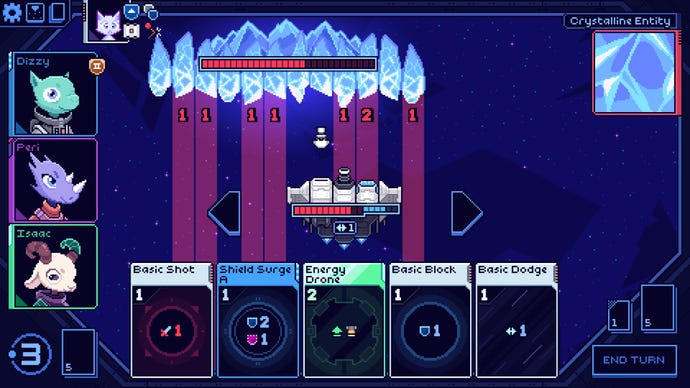 Der Spieler in Cobalt Core muss sich mehreren Angriffsreihen des Bosses „Crystalline Entity“ stellen.