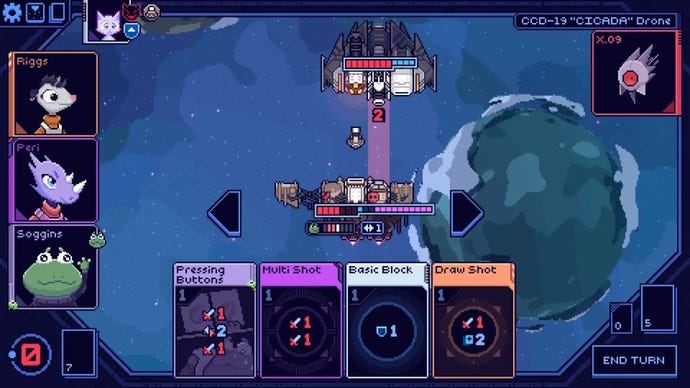 Ein Screenshot eines Cobalt Core-Mods, der Soggins, den Frosch, als Crewmitglied hinzufügt