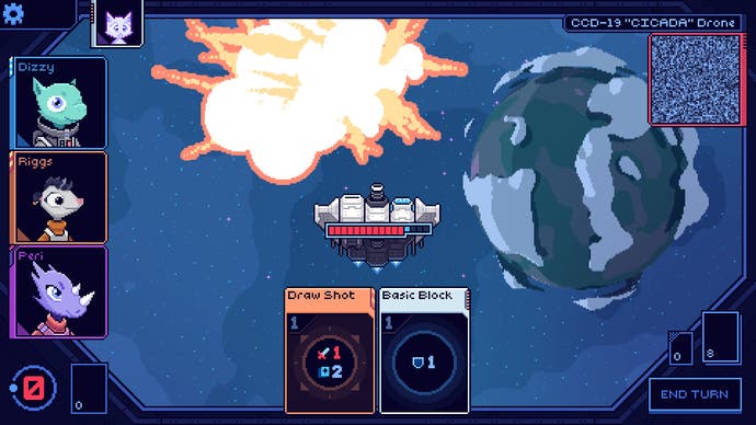 A screenshot from Cobalt Core. A pixelated spaceship has just destroyed another spaceship. There's a big pixelated explosion. Pixel-yay!