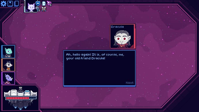 A screenshot from Cobalt Core showing a dialogue box with a little face above it. The character talking is Dracula. Yep, that's right, the Dracula.