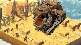 A large robotic snake erupts from the sand in Metal Slug Tactics