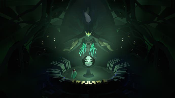 Una captura de pantalla del juego Cocoon, que muestra una escena en gran parte oscura que está iluminada en el medio por una especie de orbe verde brillante. Cerca hay un pequeño personaje con alas de insecto.