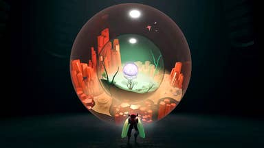Key artwork from the game Cocoon, showing a small insect-like character, with wings, looking into a large transparent dome that has a world within. And a dome with another world within. Which has a dome with another world in.