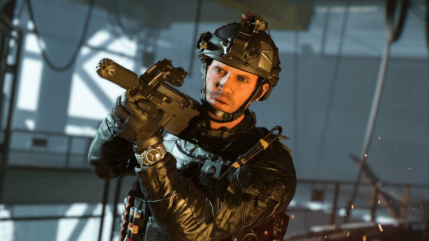 A soldier aims their submachine gun off camera as they board an oil rig in Modern Warfare 2.