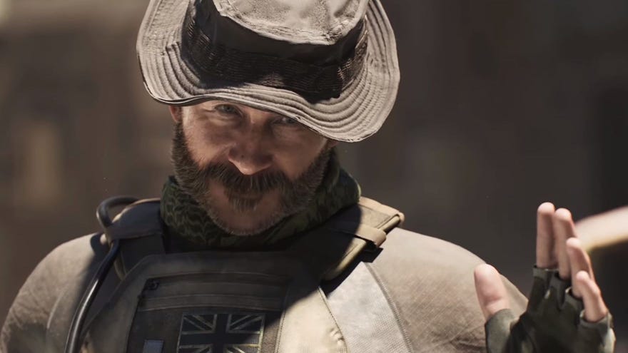 ชายเคราในหมวกยกมือของเขาในการทักทายใน Call of Duty Modern Warfare