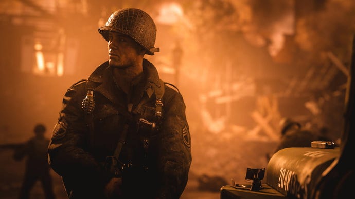 A soldier looks lost against an orange background in Call Of Duty WW2