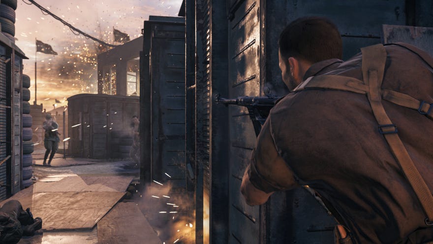 A player peeks around the corner of a building with their gun in Call Of Duty: Vanguard.
