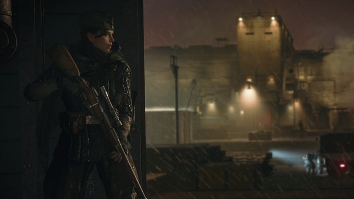 The character Polina hides behind cover in Call Of Duty: Vanguard.