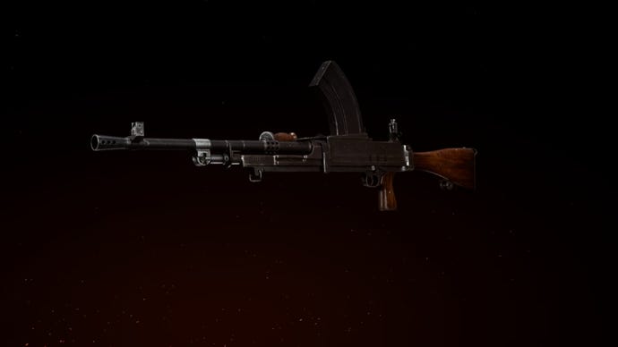 Bren LMG in the gunsmith preview screen in Call Of Duty: Vanguard. Dark background with fiery red hue in lower left corner.