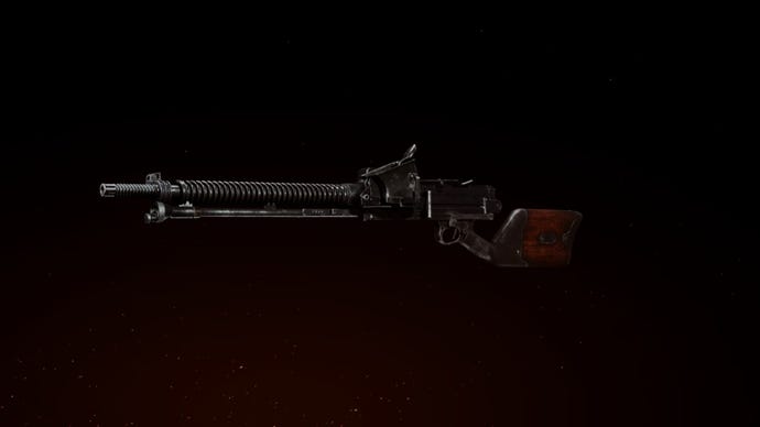 Type 11 LMG in the gunsmith preview screen in Call Of Duty: Vanguard. Dark background with fiery red hue in lower left corner.