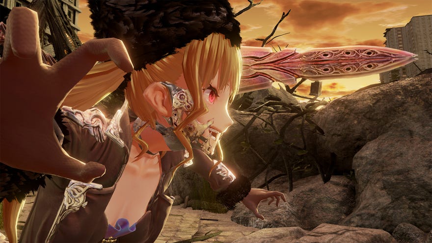 A screenshot of Code Vein in which a cross looking anime girl is lunging in from the left of the screen, in what looks like a dark and gothic outfit and setting.
