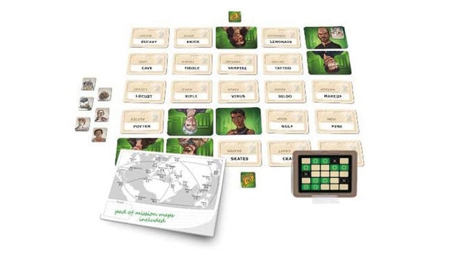 An image of the components for Codenames: Duet.