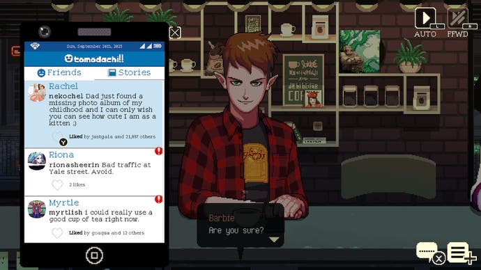 Coffee Talk 2 review - screenshot showing a character in a red plaid shirt in the background, with the messaging app in the left foreground