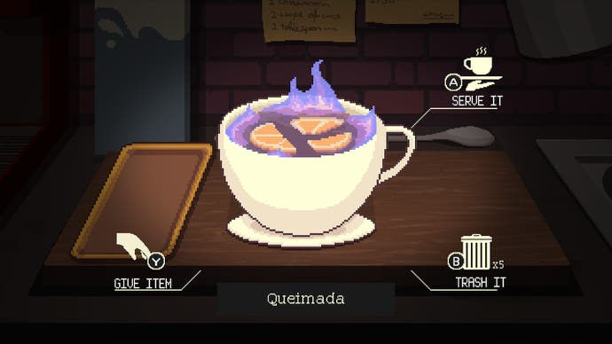 Coffee Talk 2 review - screenshot showing a complex purple fiery drink