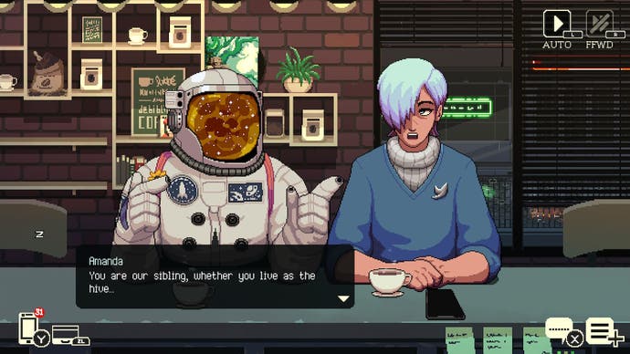 Coffee Talk 2 review - screenshot showing a man with white-blue hair talking to an astronaut with a cosmic orange sphere on his face mask