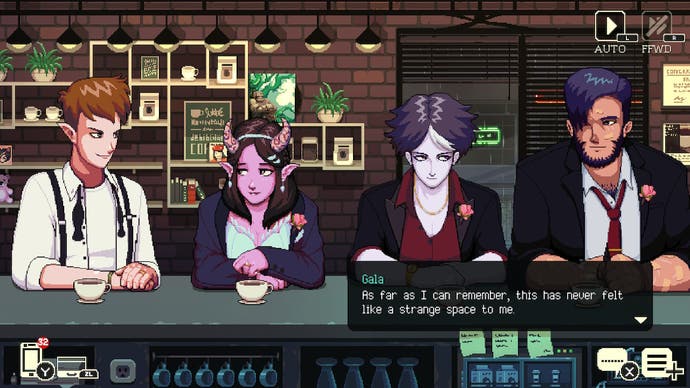 Coffee Talk 2 review - Screenshot showing a man with pointy ears, another with pink skin, a vampire-like man and a ferocious man with mutton chops on the counter