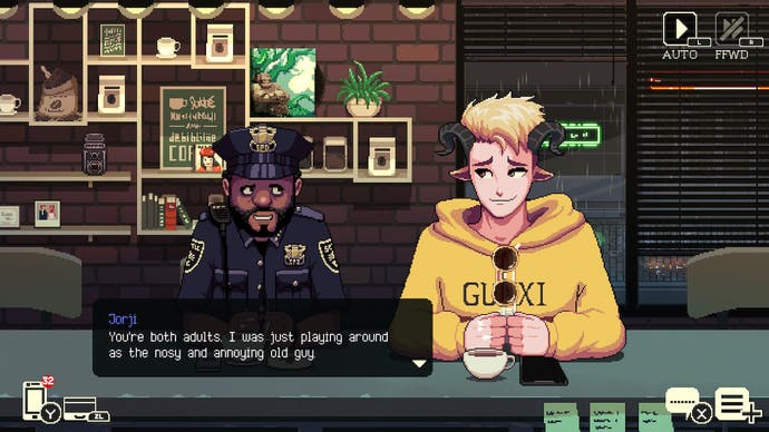 Coffee Talk 2 review - Screenshot shows a cop talking to an awkward goat man in an orange hoodie