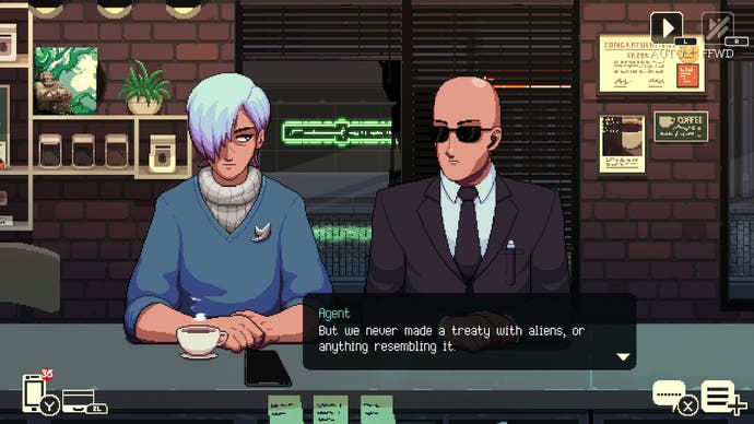 Coffee Talk 2 review - screenshot showing a character talking to a secret agent about aliens