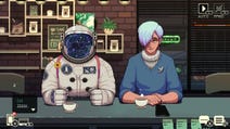 Coffee Talk 2 review - screenshot showing an astronaut with blue starry visor and a person with short pale blue hair at the counter looking straight ahead