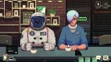 咖啡谈话2评论-截图显示一个宇航员与蓝色星空遮阳板和一个人短淡蓝色的头发在柜台直视前方