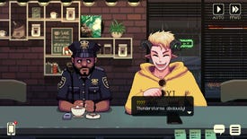A police officer and a goat man share a late night coffee.