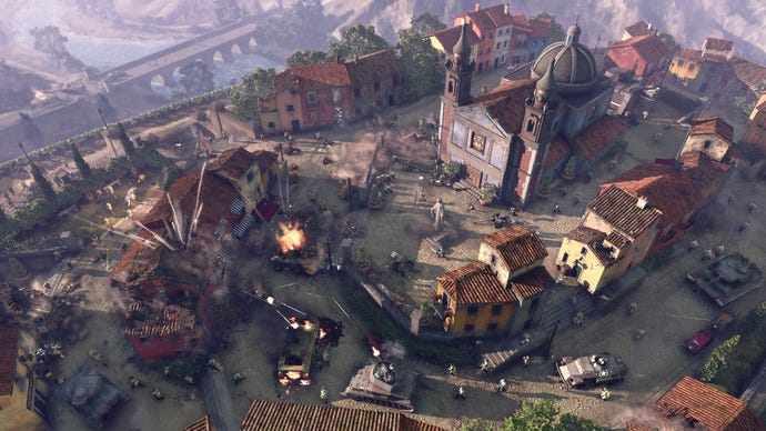 A bird's eye view of a town bombardment in Company Of Heroes 3.