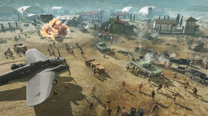Some tanks, a plane, and lots of tiny armymen are having a war in Company Of Heroes 3.