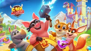 Cute animal characters strike a pose against a fantasy-style background, for the popular mobile game Coin Master.