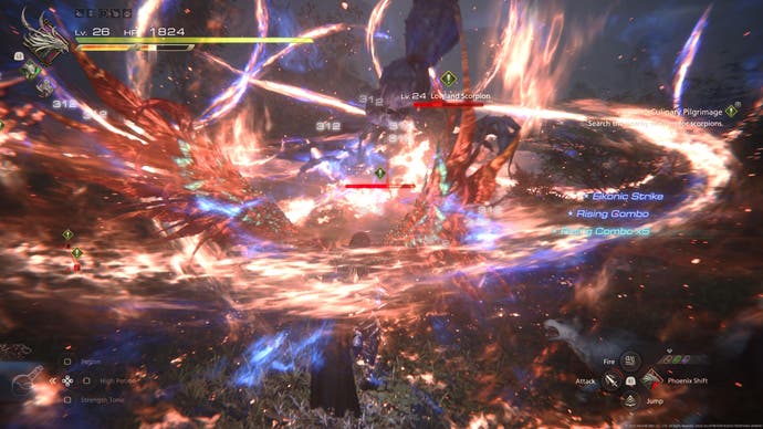 Uma cena de batalha de Final Fantasy 16, mostrando o personagem principal Clive queimando um grupo de inimigos com chamas de Phoenix