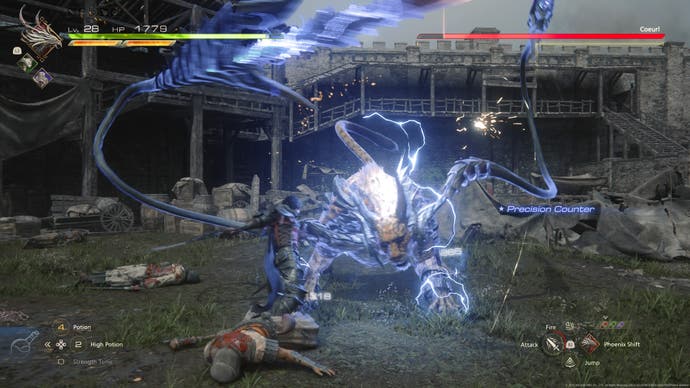 Uma batalha de chefe do Final Fantasy 16, mostrando o personagem principal Clive lutando contra um Coerl - um grande gato alimentado por um raio