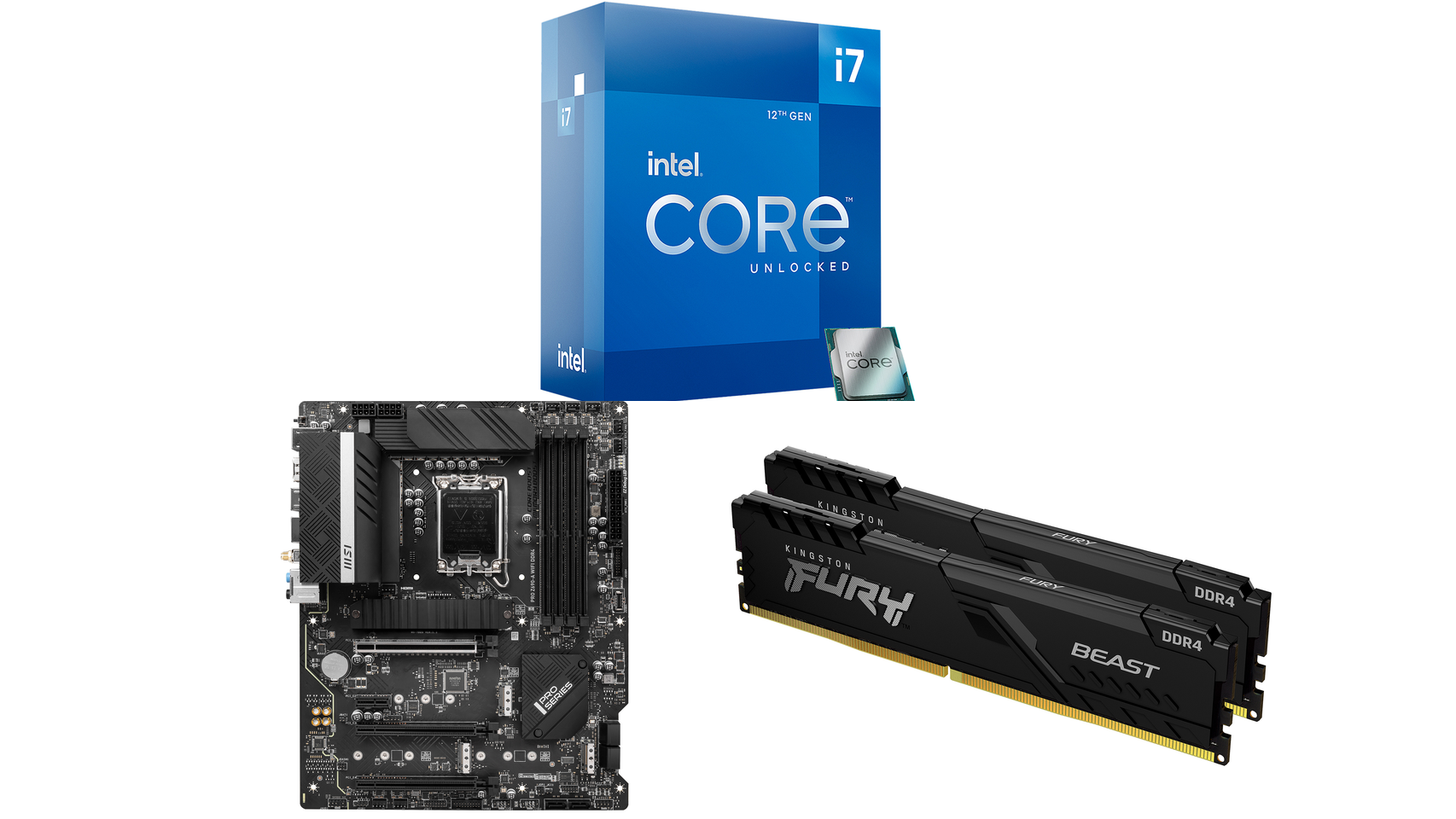 intel core i7 12700k shown with an msi z690-a pro wifi ddr4 motherboard and kingston fury ddr4-3200 ram sticks