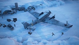 A plane in the snow surrounded by guards in Commandos: Origins.