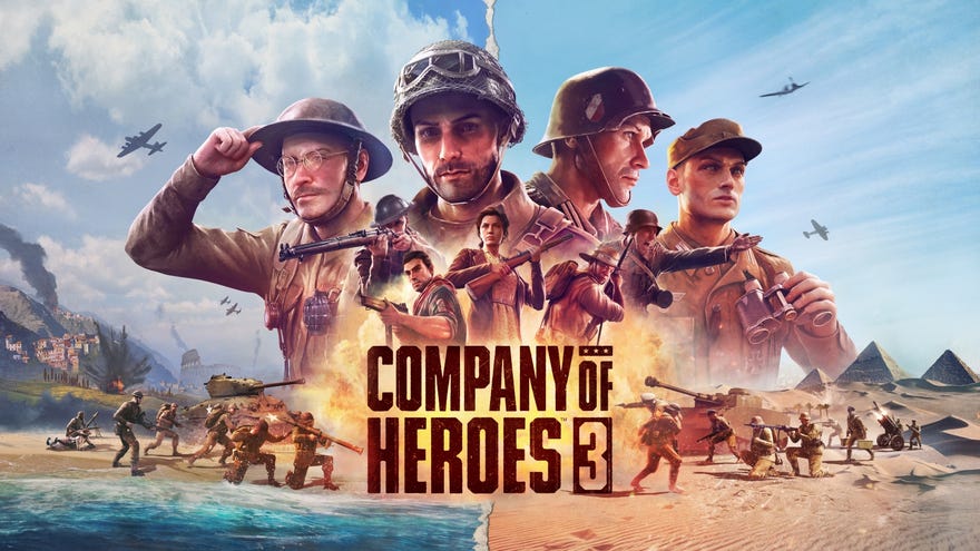 Artwork for Company Of Heroes 3, showing a variety of different soldiers altogether on a beach