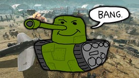 A big green cartoon tank says, "Bang!" against a Company Of Heroes 3 screenshot