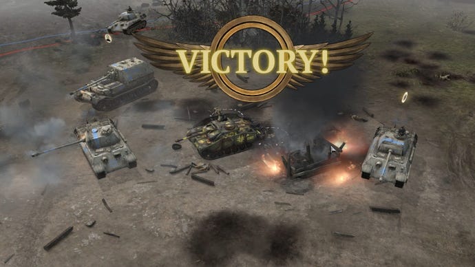 A dusty battlefield screen with the word Victory! hanging in mid air in Company Of Heroes 3