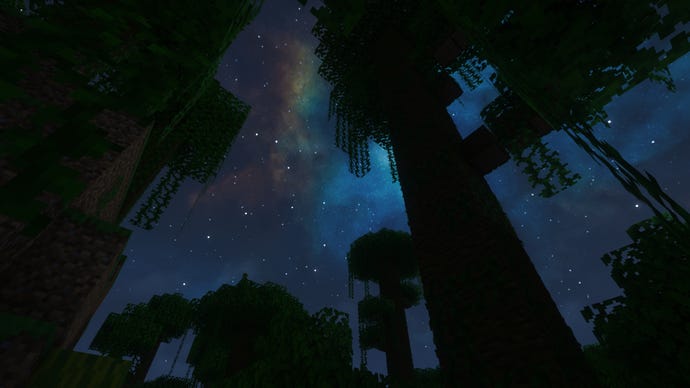 An aurora-filled night sky in a Minecraft jungle.
