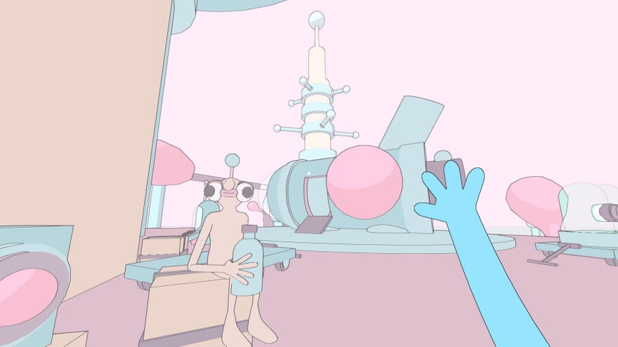 A screenshot of Completely Stretchy And Uncomfortably Sticky showing a pale-coloured, flat-textured world with what looks like a rocket ship and next to it an odd-looking man holding a water bottle.