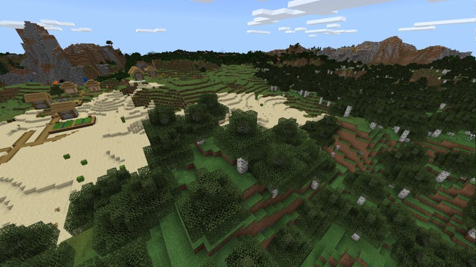 A Minecraft Bedrock screenshot of a landscape displayed using the Compromise Texture Pack.