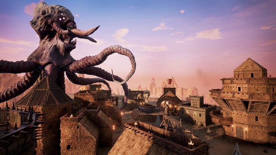 A large tentacled monster looms over a city in Conan Exiles