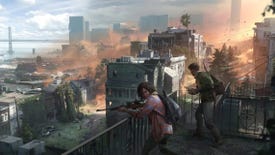 Concept artwork for the cancelled Last Of Us Online game, showing a man and a woman with guns looking out over a burning city