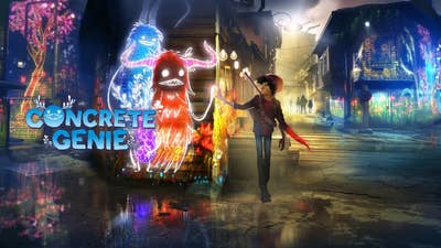 Promo art for Concrete Genie shows a teen boy walking through town with a paintbrush on his back, reaching out to touch colorful drawings of monsters on the wall of a building that see him and reach back
